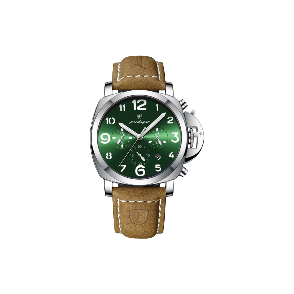 Watch with green dial and brown leather strap on a white background