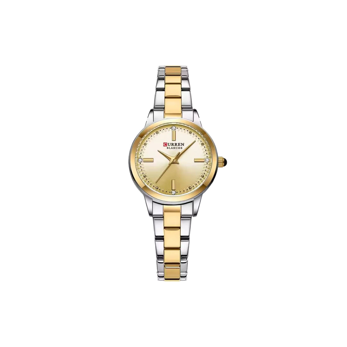 Two-tone watch with gold and silver band on a white background