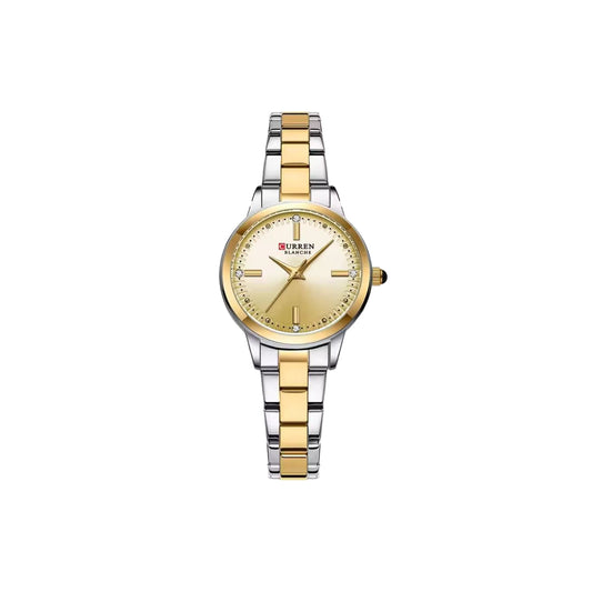 Two-tone watch with gold and silver band on a white background