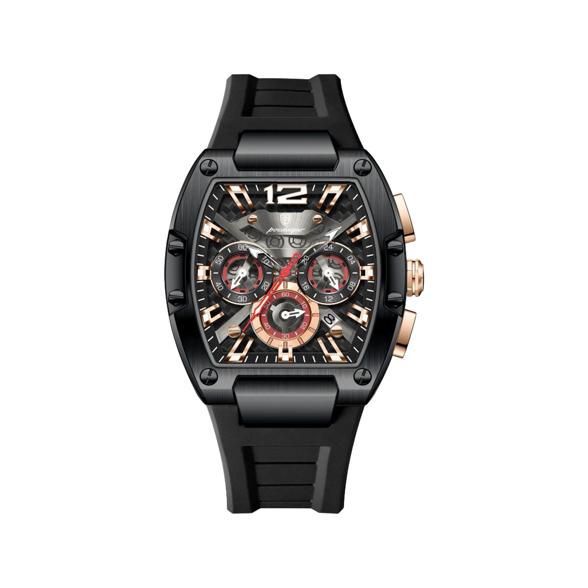 POEDAGAR 9051 Men’s Chronograph Quartz Watch Black– Sport Casual Waterproof Luminous Silicone Wristwatch