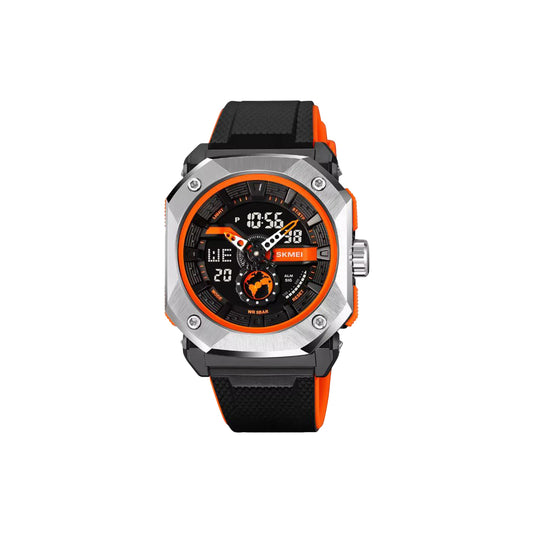 Digital watch with black and orange design on a white background