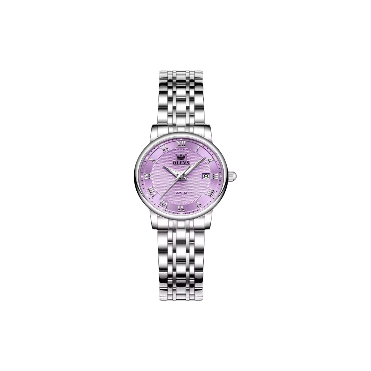 Watch with a silver bracelet and purple dial on a white background
