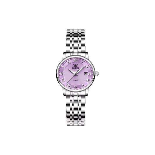Watch with a silver bracelet and purple dial on a white background