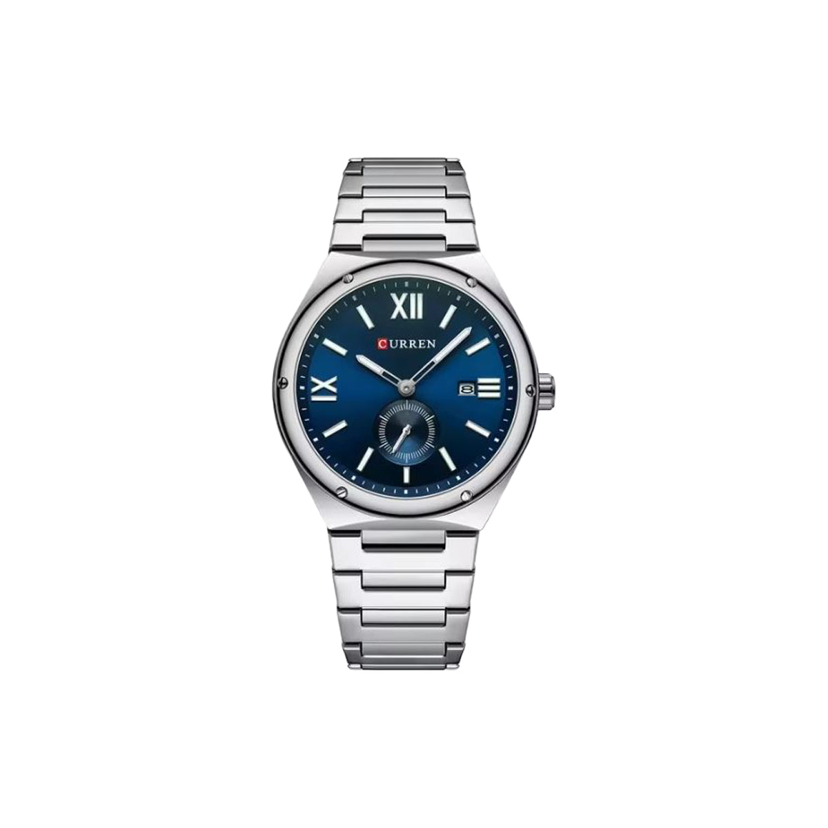 Silver watch with a blue dial on a white background
