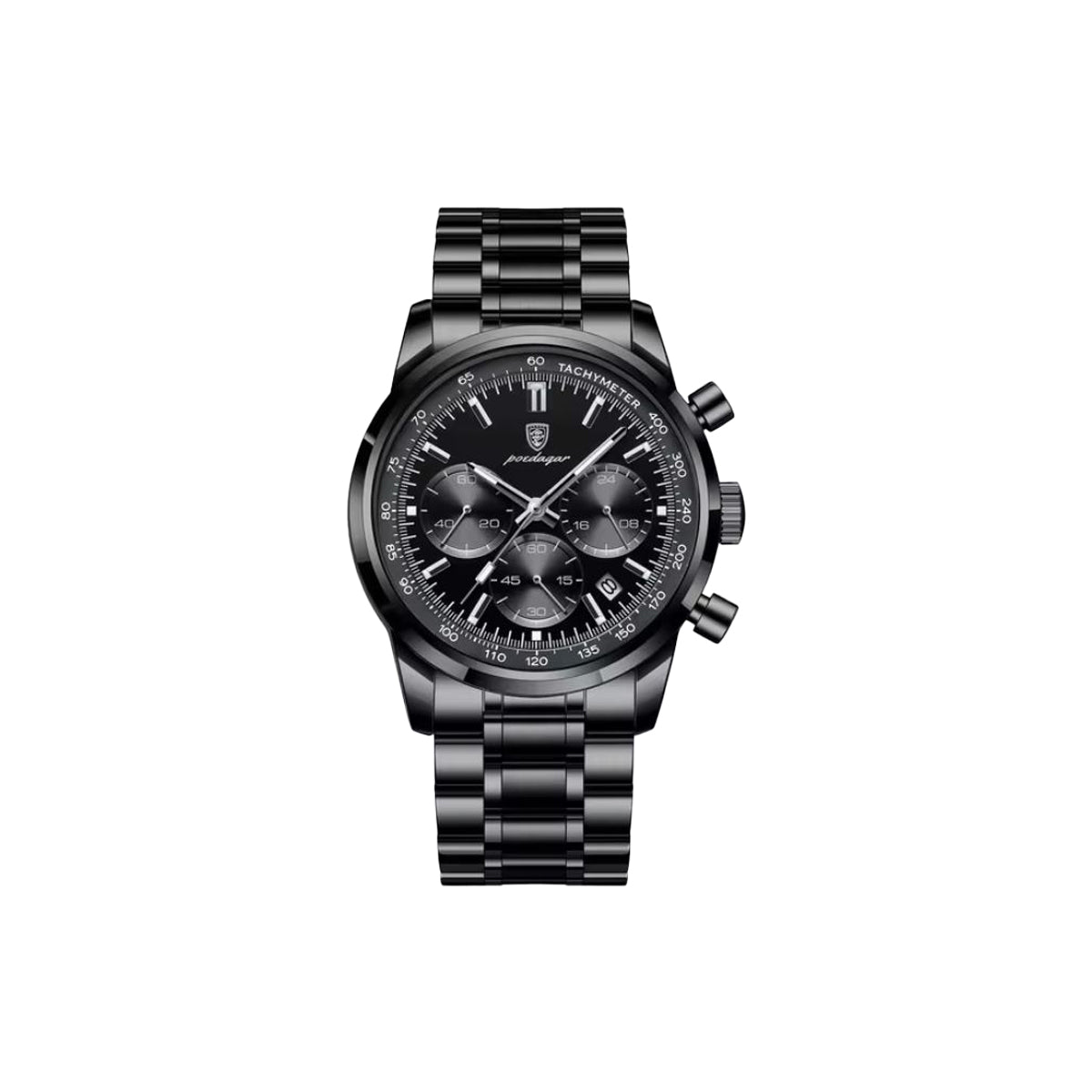 Black wristwatch with detailed face on a white background