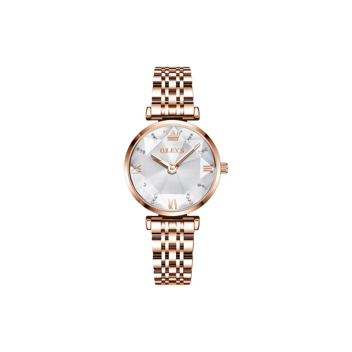 Rose gold watch with a white face on a white background