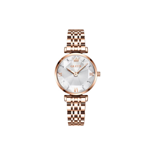 Rose gold watch with a white face on a white background
