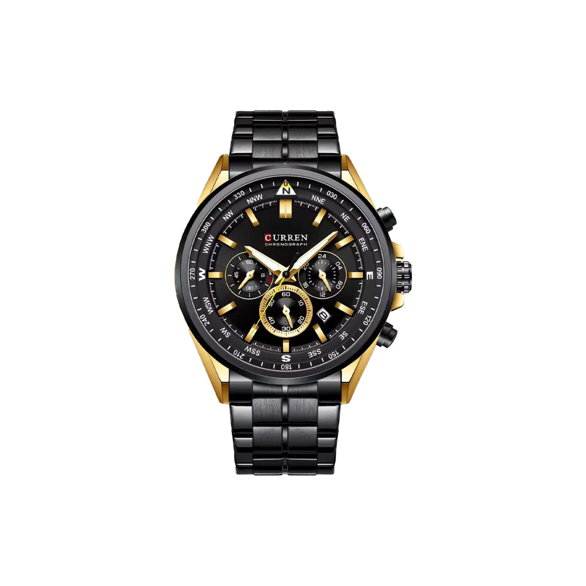 Black and gold watch with 'Curren' branding on a white background