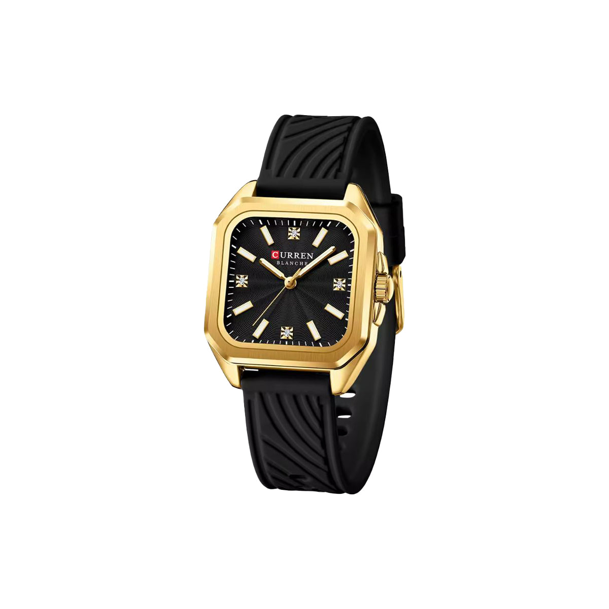 Gold watch with black strap on a white background