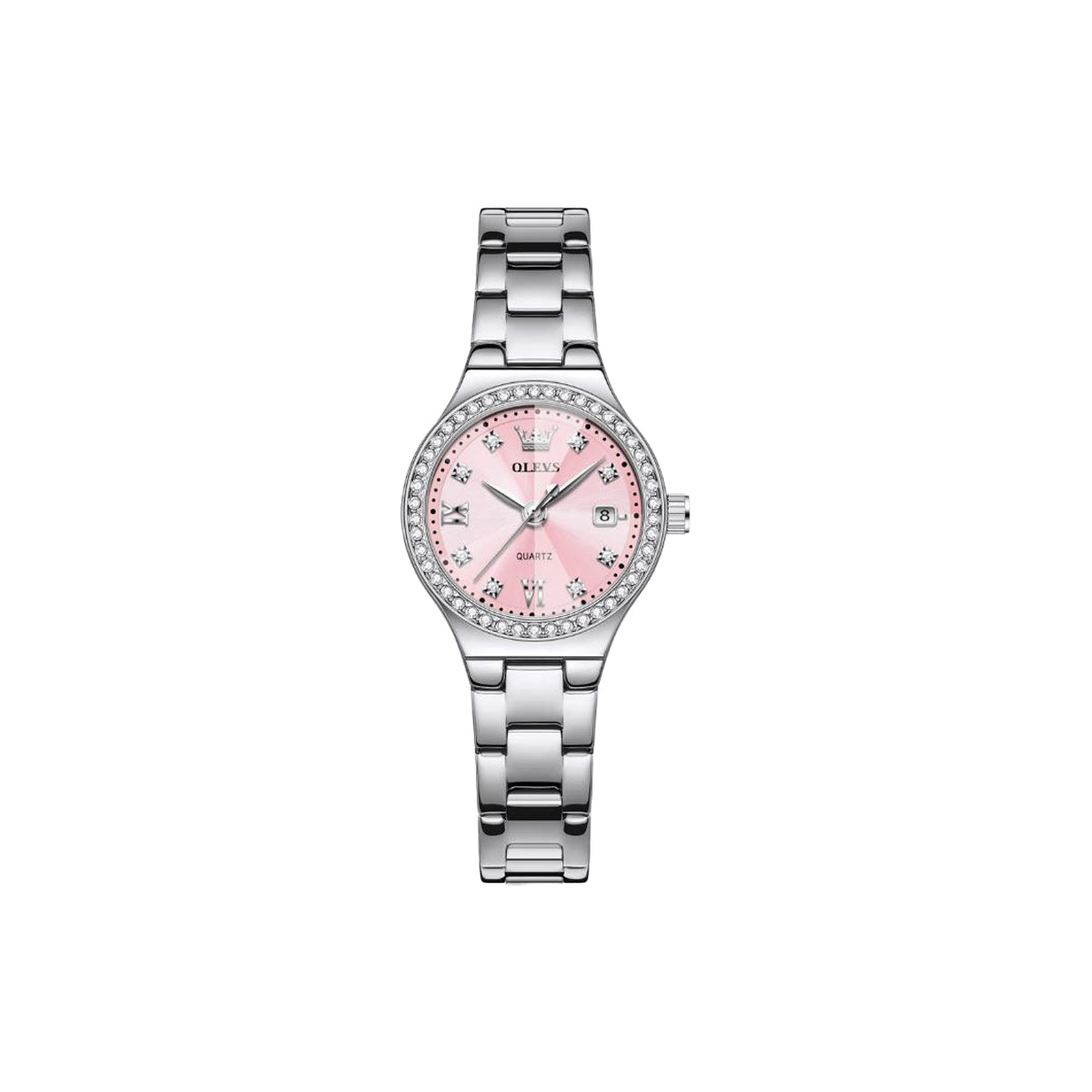Silver watch with a pink face on a white background
