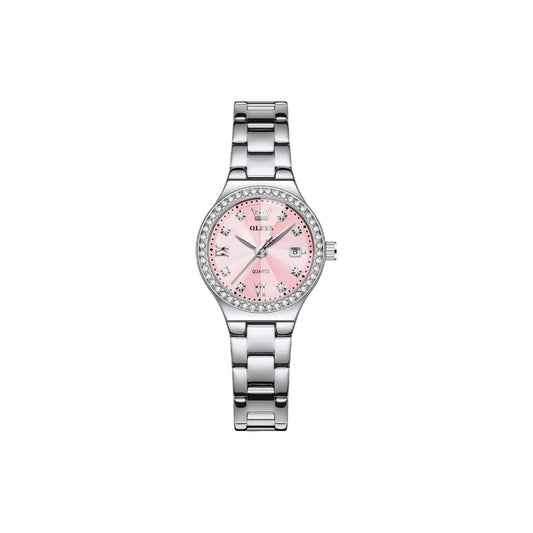 Silver watch with a pink face on a white background