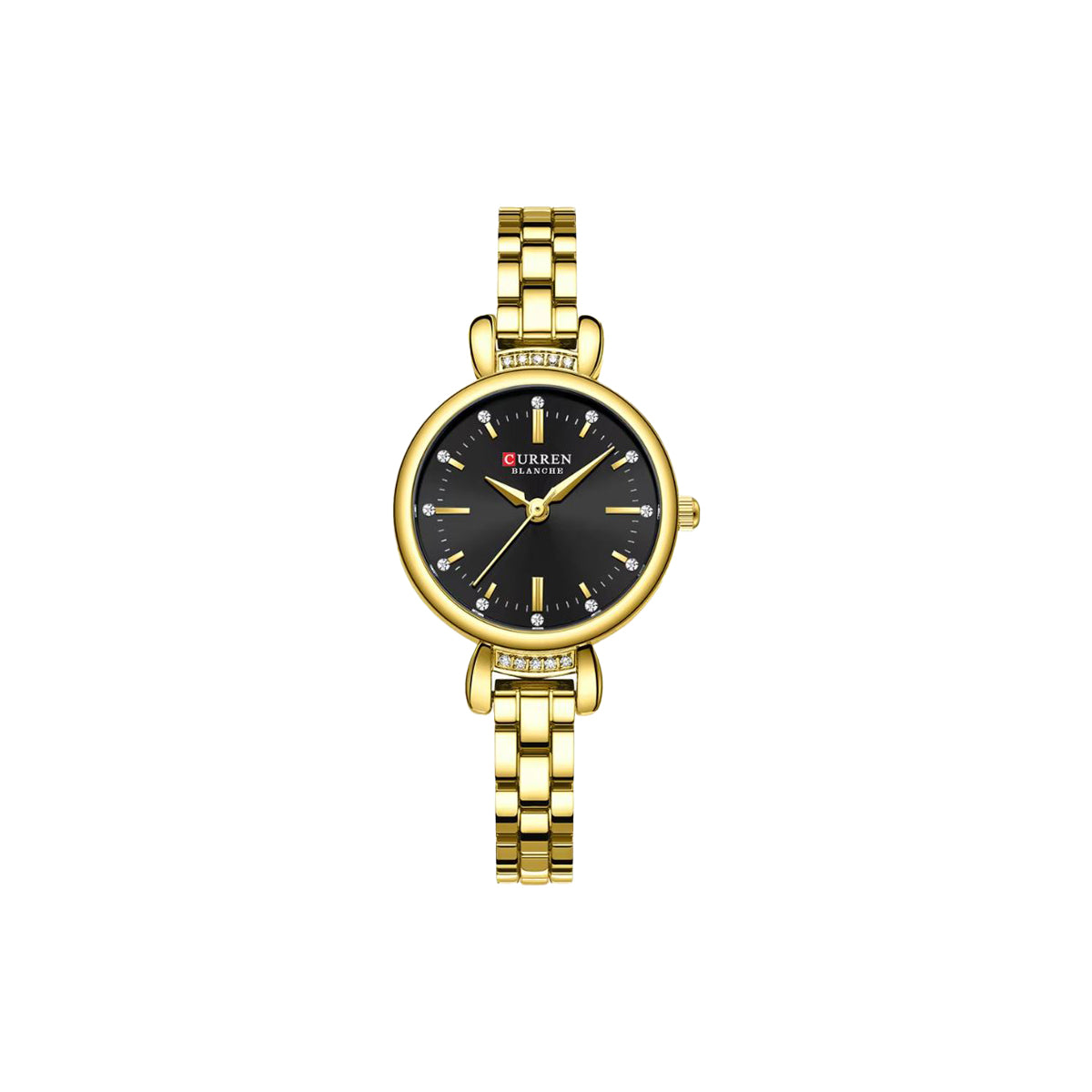 Gold wristwatch with black dial on a white background