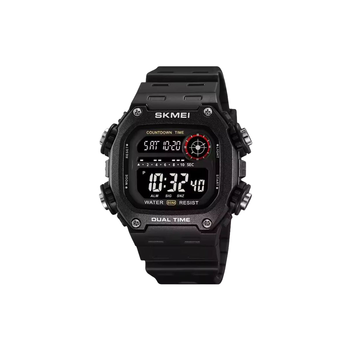 Black digital watch with SKMEI branding on a white background