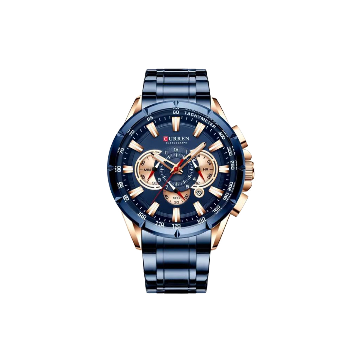 Blue and rose gold watch with 'Curren' branding on a white background