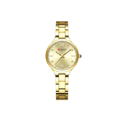 Gold wristwatch with a white background