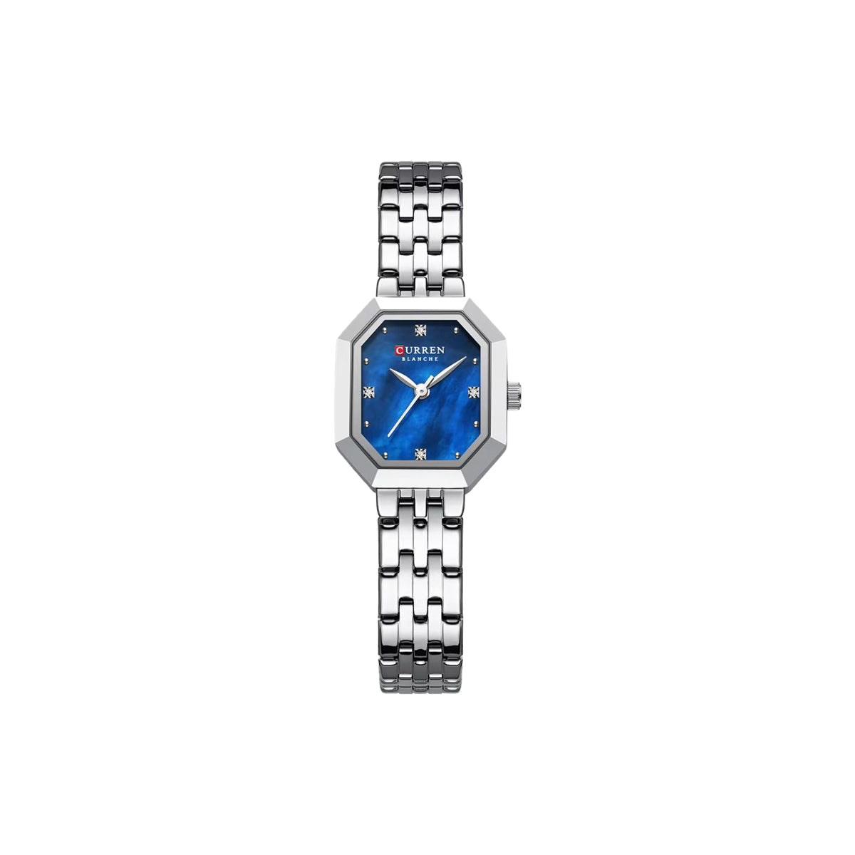 Silver watch with blue face on a white background