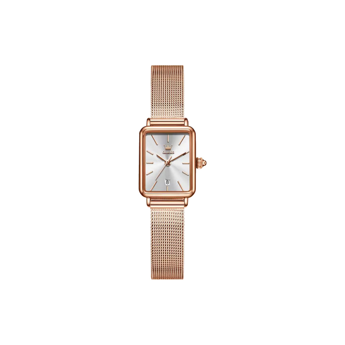 Rose gold watch with a mesh band on a white background