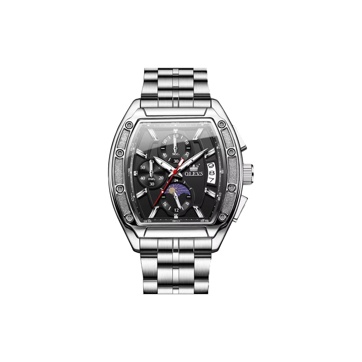 Silver watch with a black face on a white background