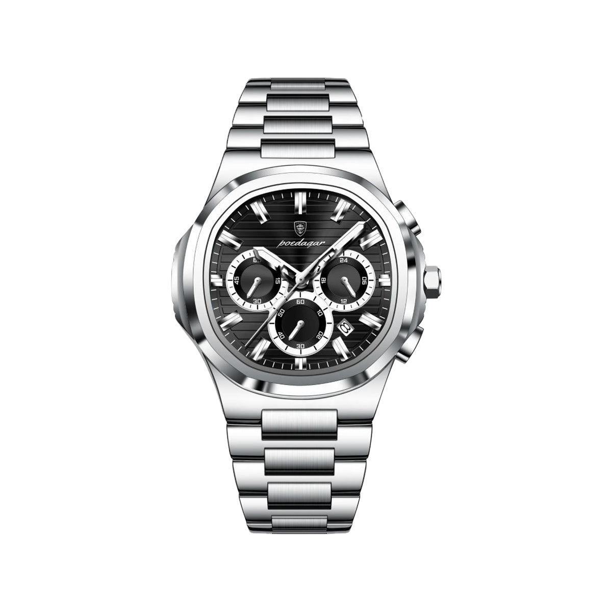 POEDAGAR 834 Men’s Luxury Square Quartz Watch Silver Black– Waterproof Luminous Date Stainless Steel Wristwatch