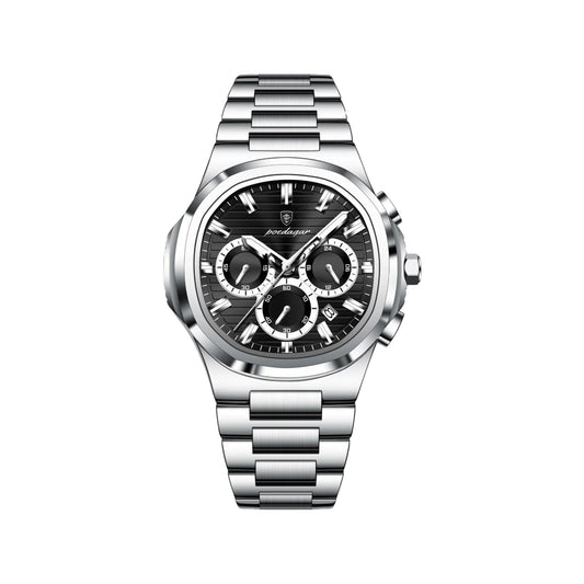 POEDAGAR 834 Men’s Luxury Square Quartz Watch Silver Black– Waterproof Luminous Date Stainless Steel Wristwatch