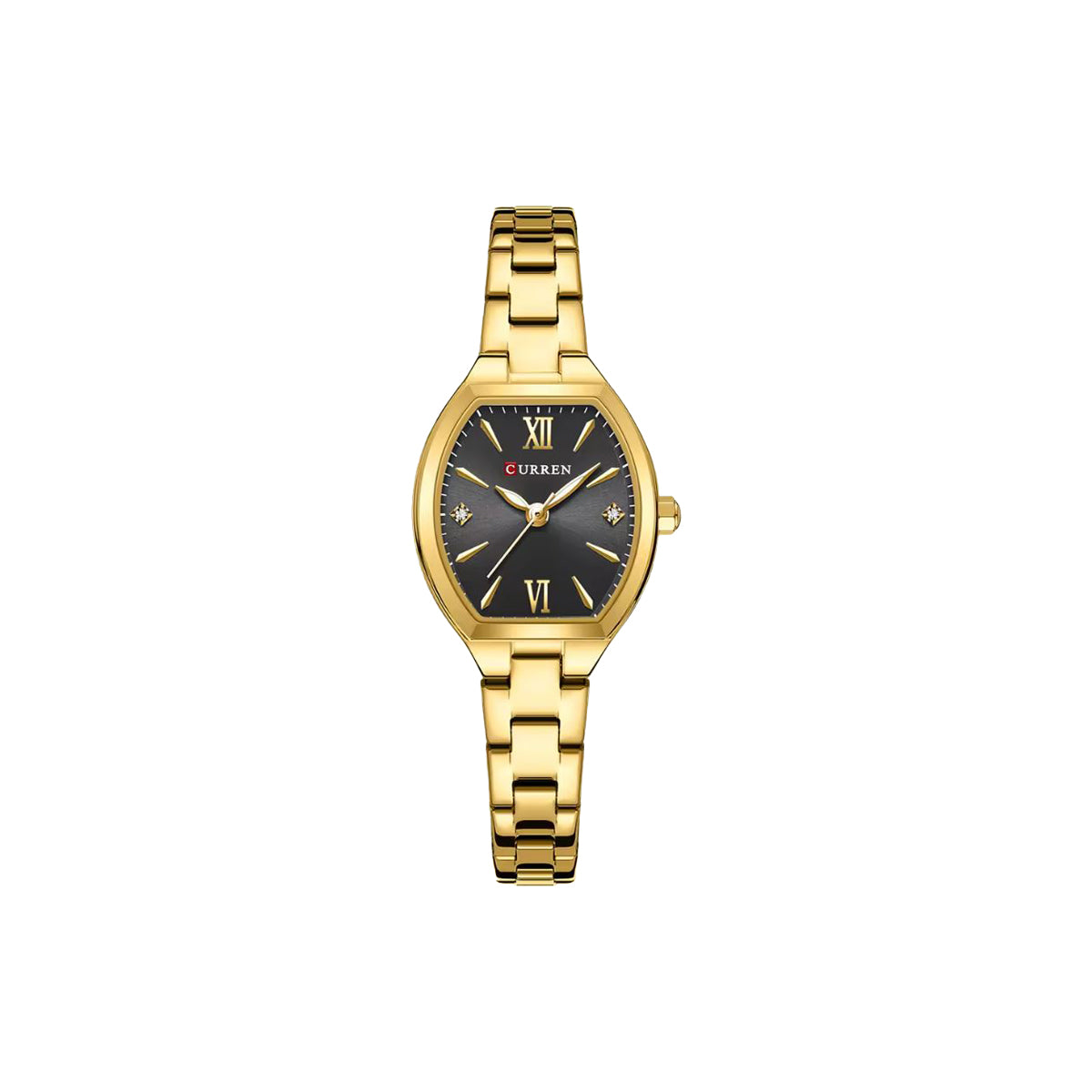 Gold wristwatch with black dial on a white background