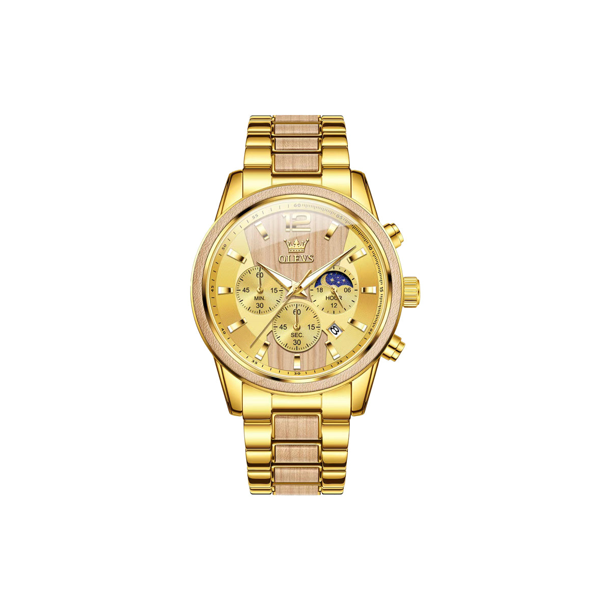 OLEVS 3645 men's wooden chronograph watch on wrist