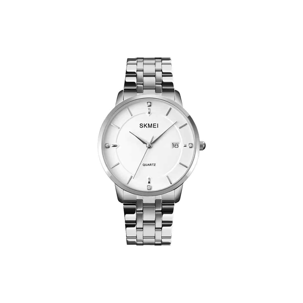 Silver wristwatch with white dial on a white background