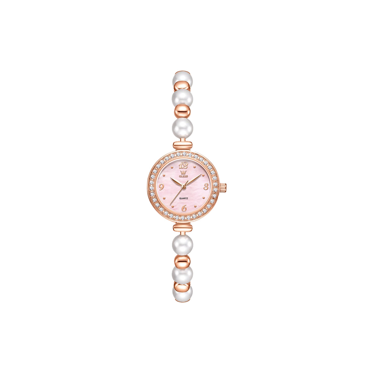Wristwatch with pearl-like band on a white background