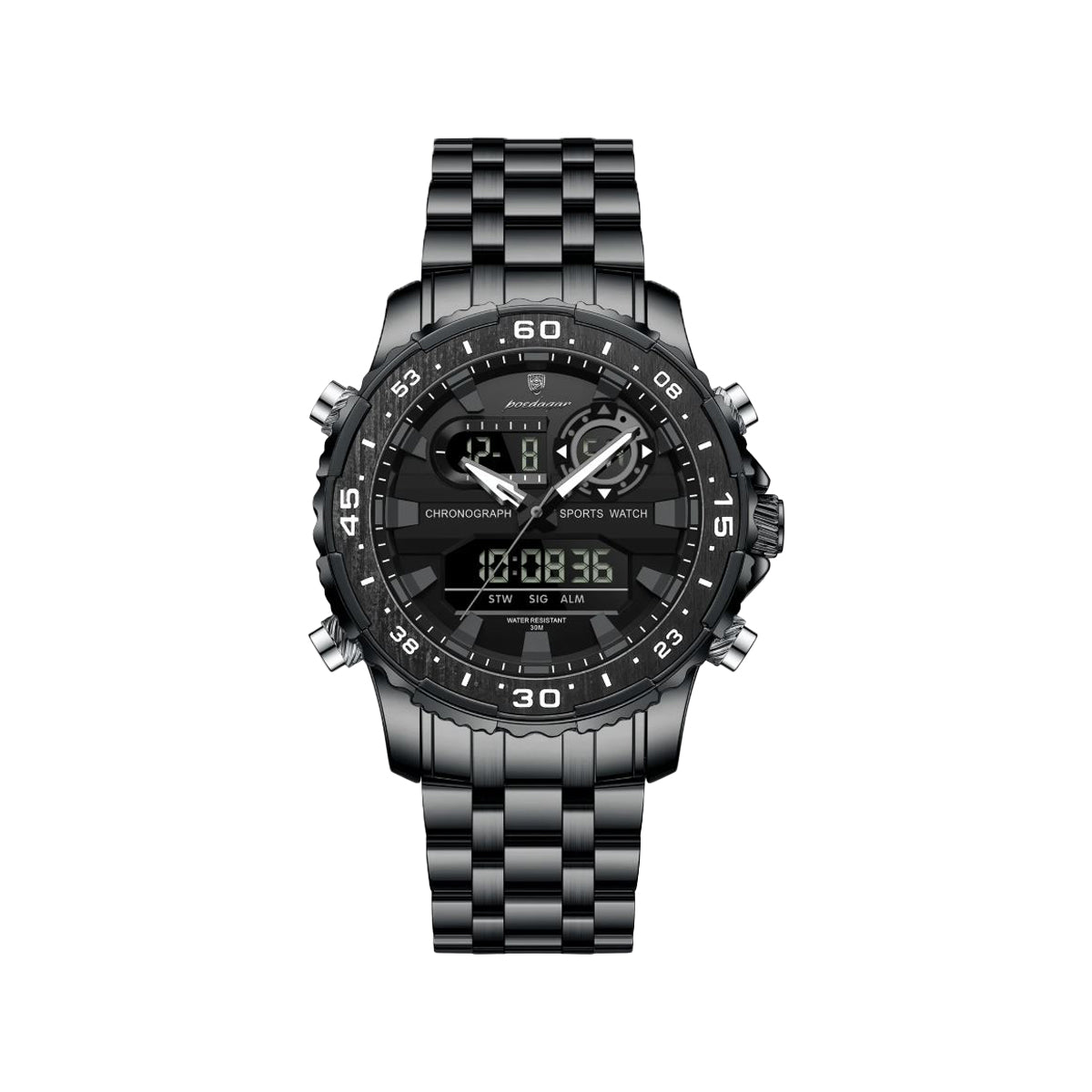 POEDAGAR 122 Luxury Dual Time LED Watch Black – Waterproof Digital Stainless Steel Men’s Wristwatch