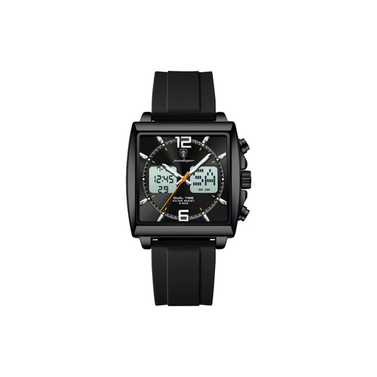 Black watch with digital and analog display on a white background