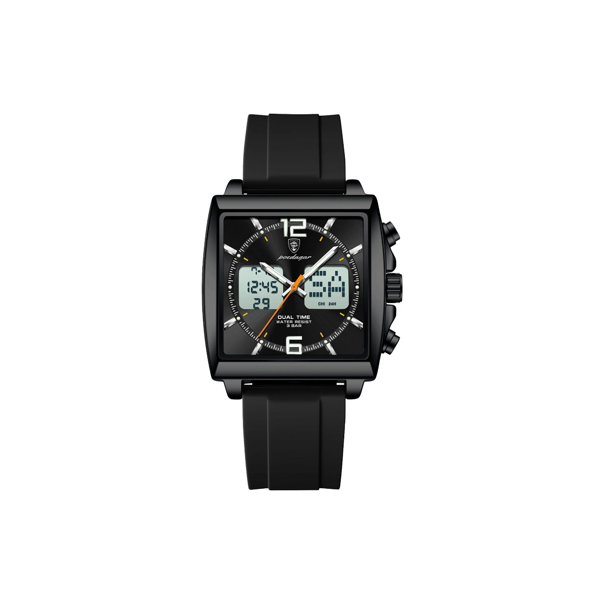 Black watch with digital and analog display on a white background