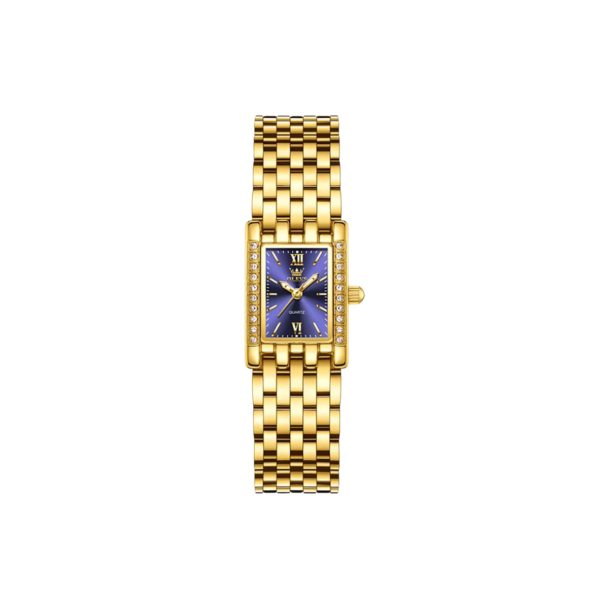 Gold watch with a blue face on a white background