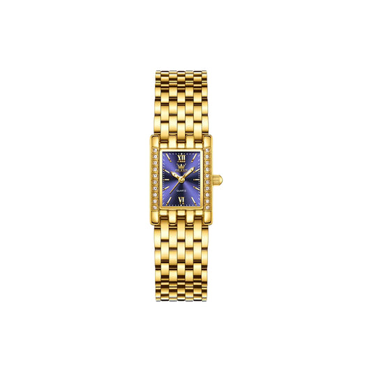 Gold watch with a blue face on a white background