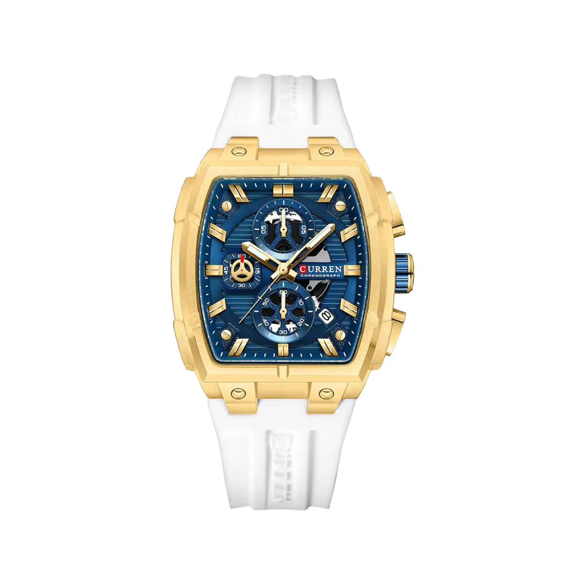 CURREN 8488 Men’s Quartz Watch Gold Blue– Silicone Band Waterproof Luminous Calendar Wristwatch