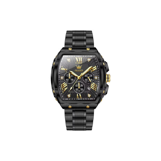 Black and gold watch with detailed face on a white background