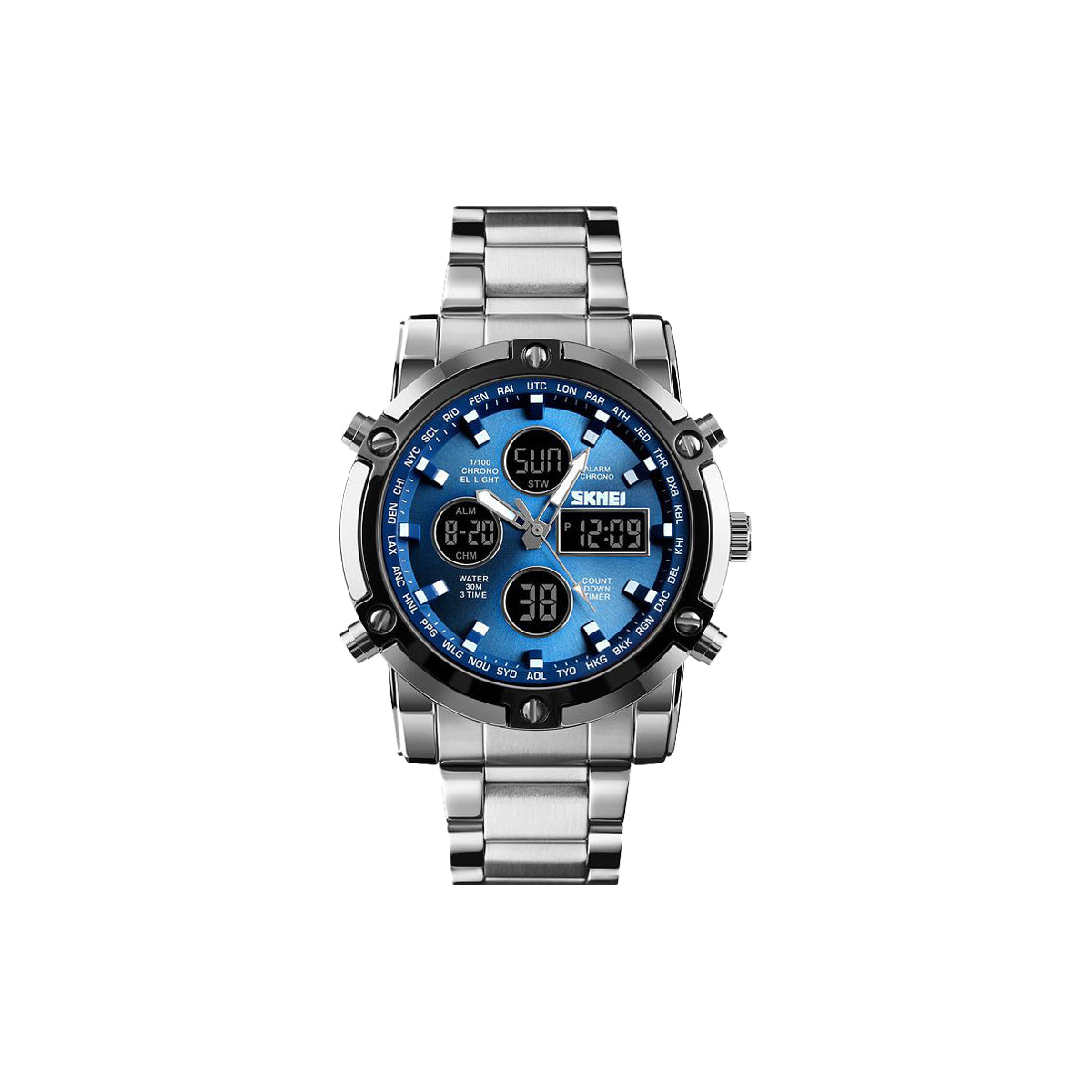 Silver watch with blue digital face on a white background