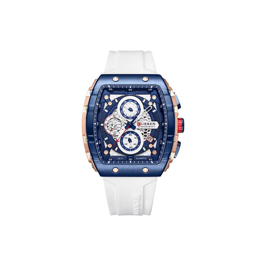 Luxury watch with blue face and white strap on a white background