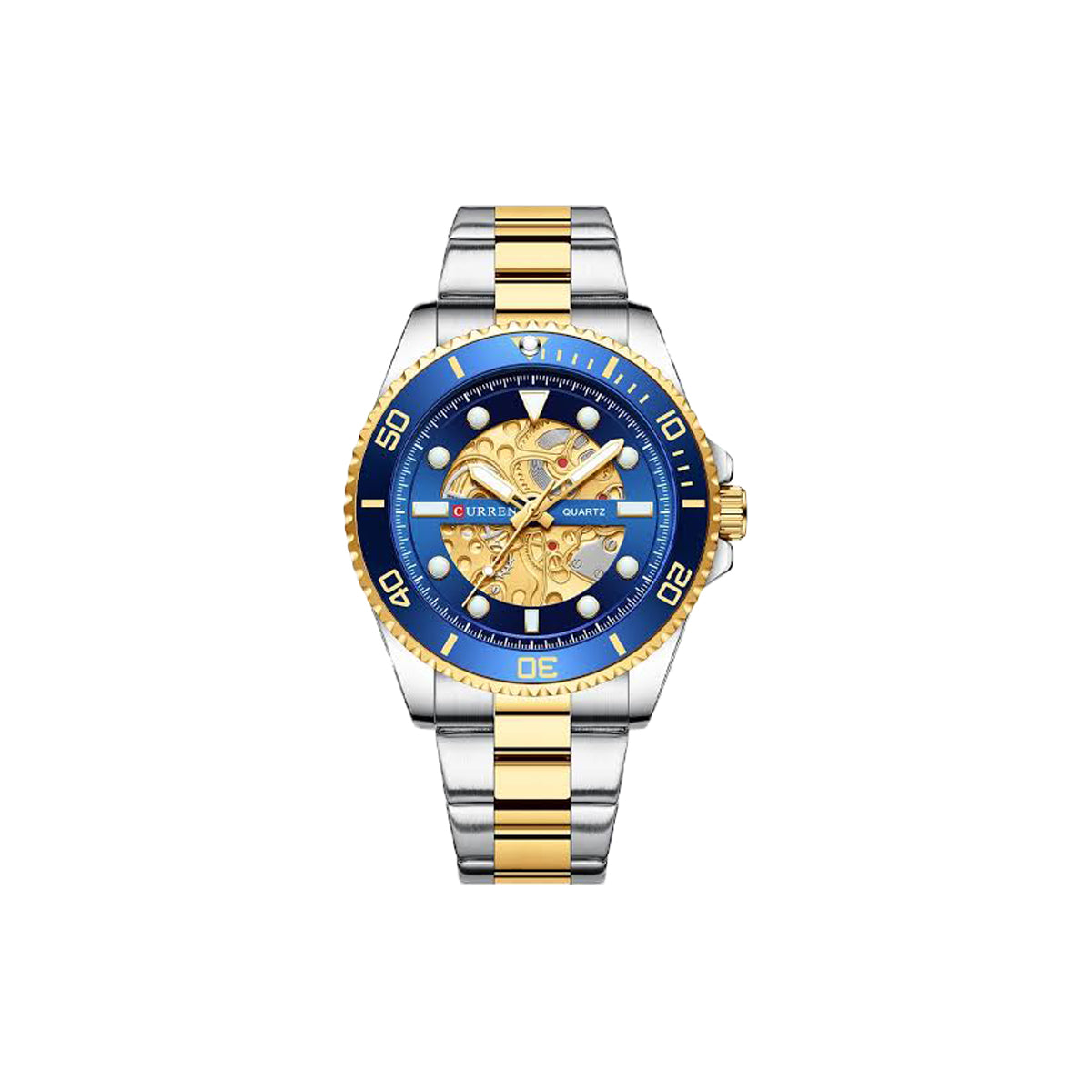 Two-tone silver and gold watch with a blue face on a white background