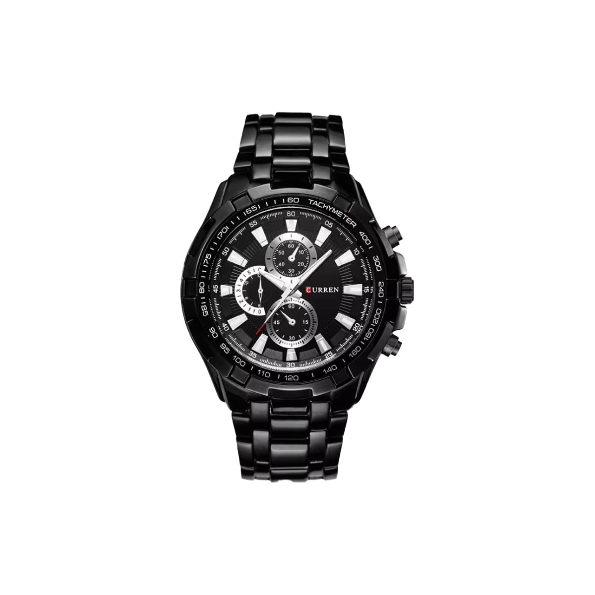 Black wristwatch with detailed face on a white background