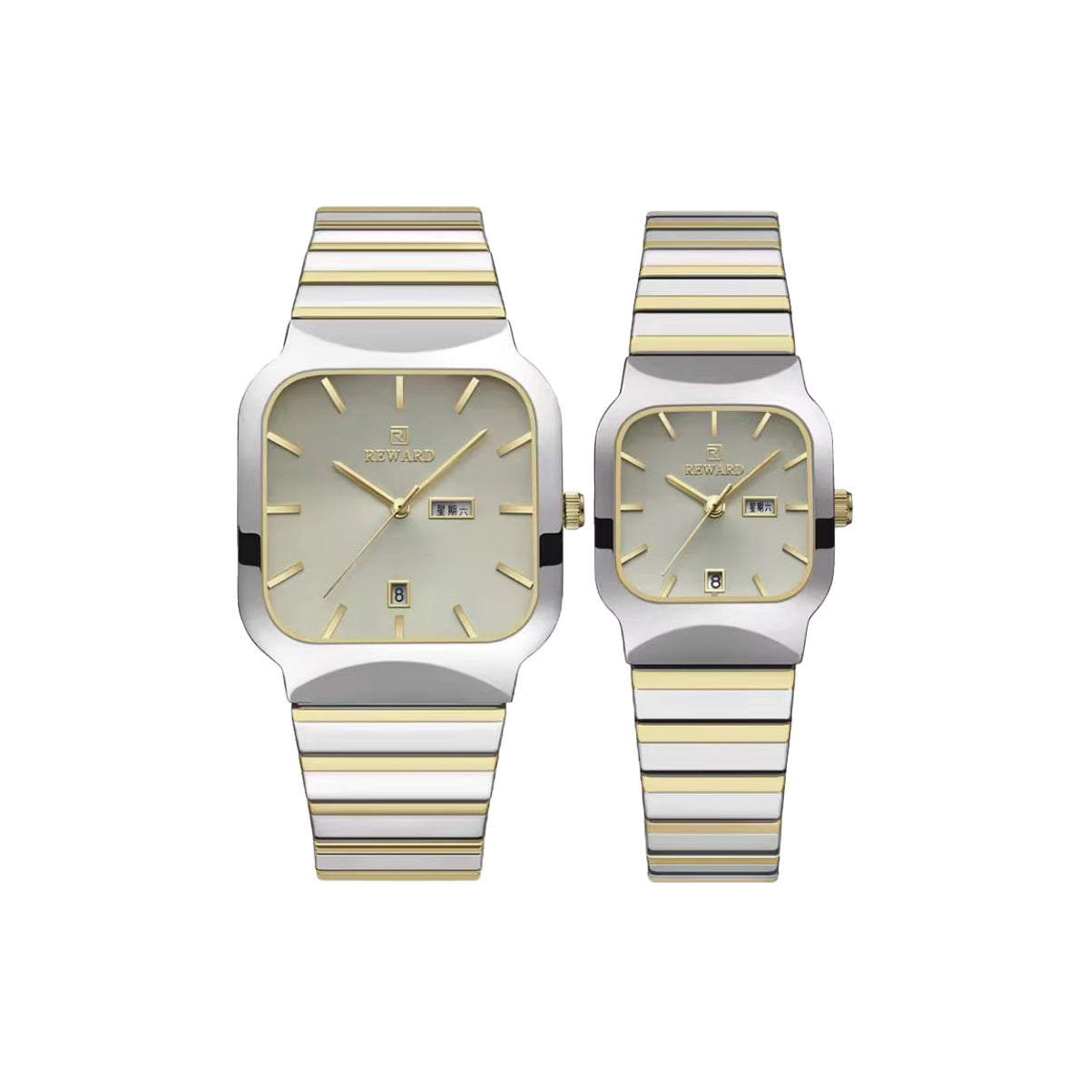 Two matching watches with striped straps on a white background