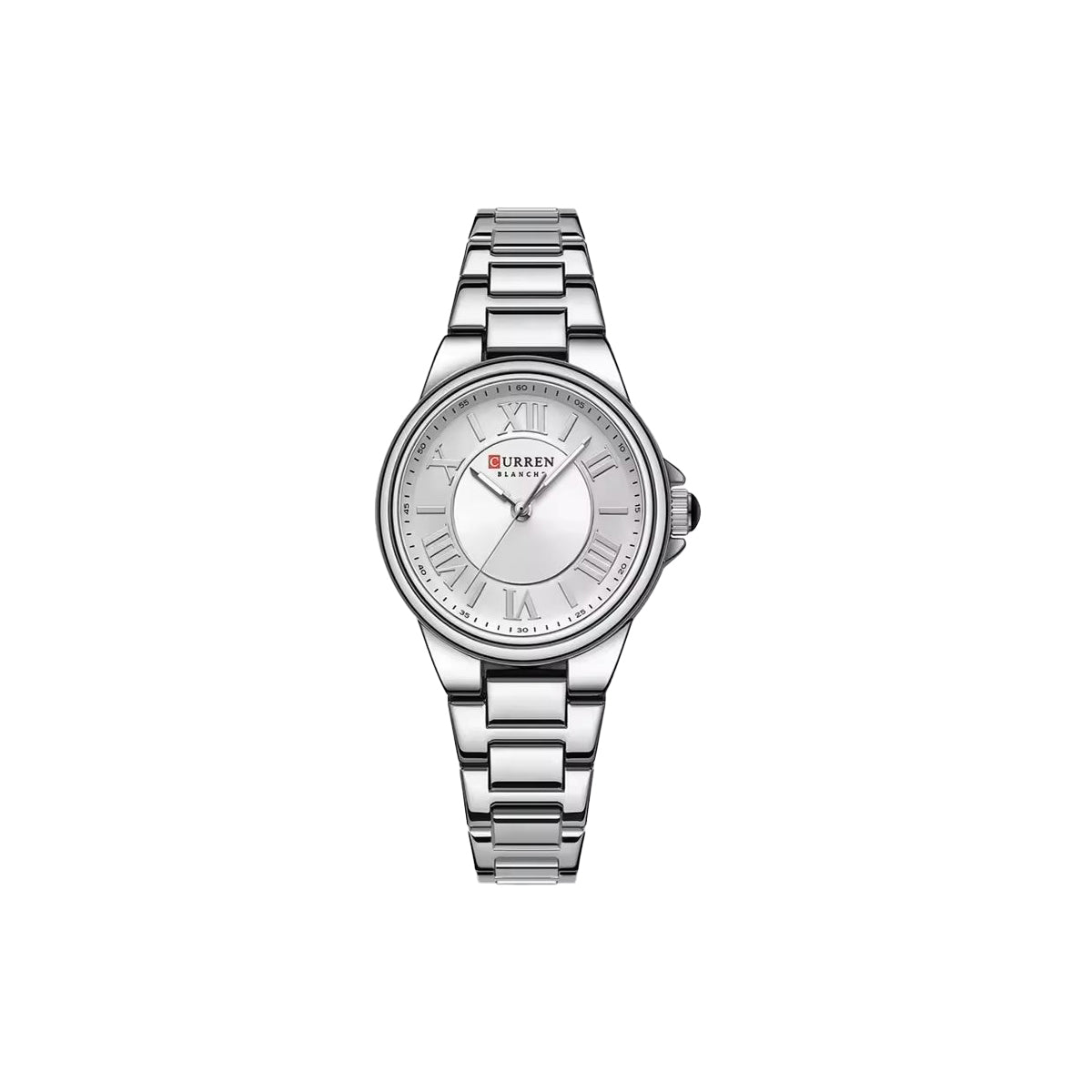 Silver wristwatch with a white dial on a white background