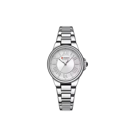 Silver wristwatch with a white dial on a white background