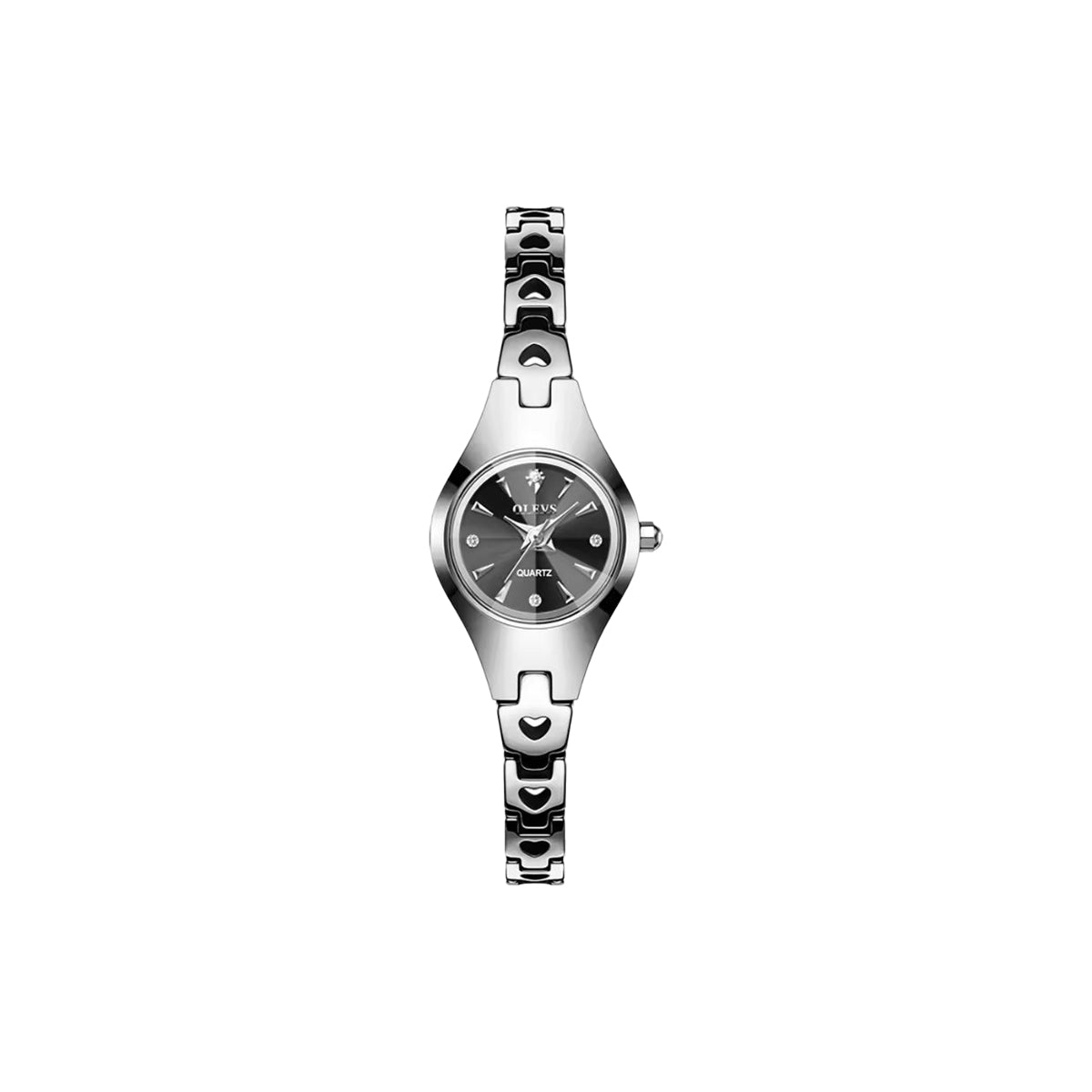 Silver watch with a black face on a white background