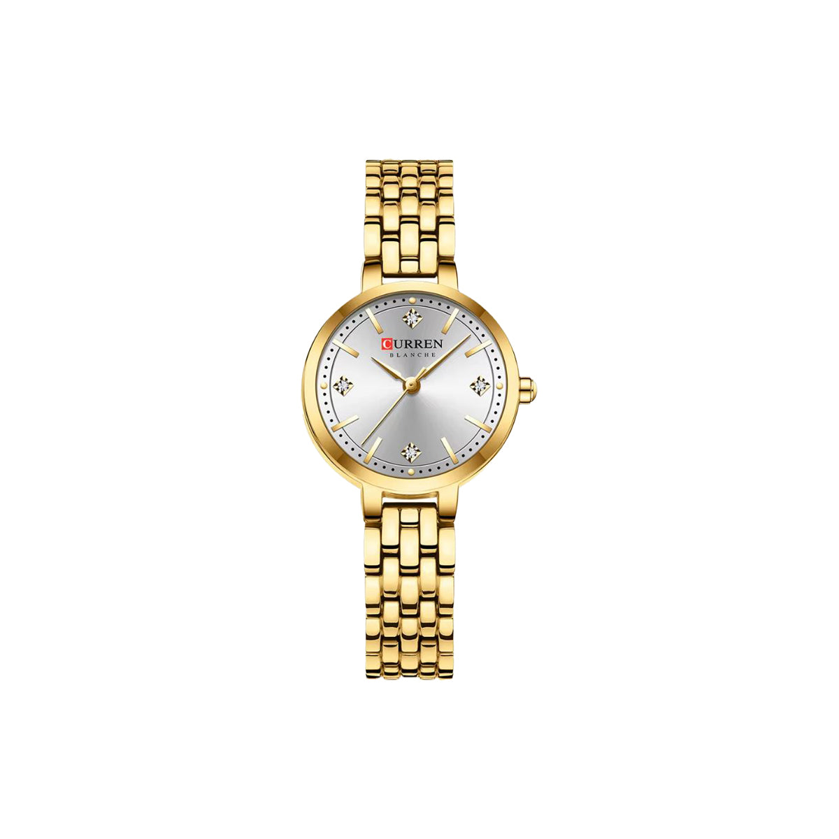 Gold wristwatch with a silver face on a white background