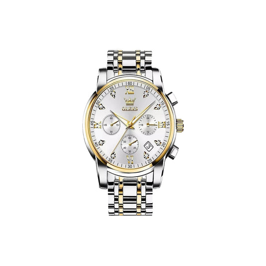 OLEVS 2858 Chronograph Men's Watch Two Tone White Dial – Waterproof Luminous Quartz Stainless Steel Luxury Wristwatch