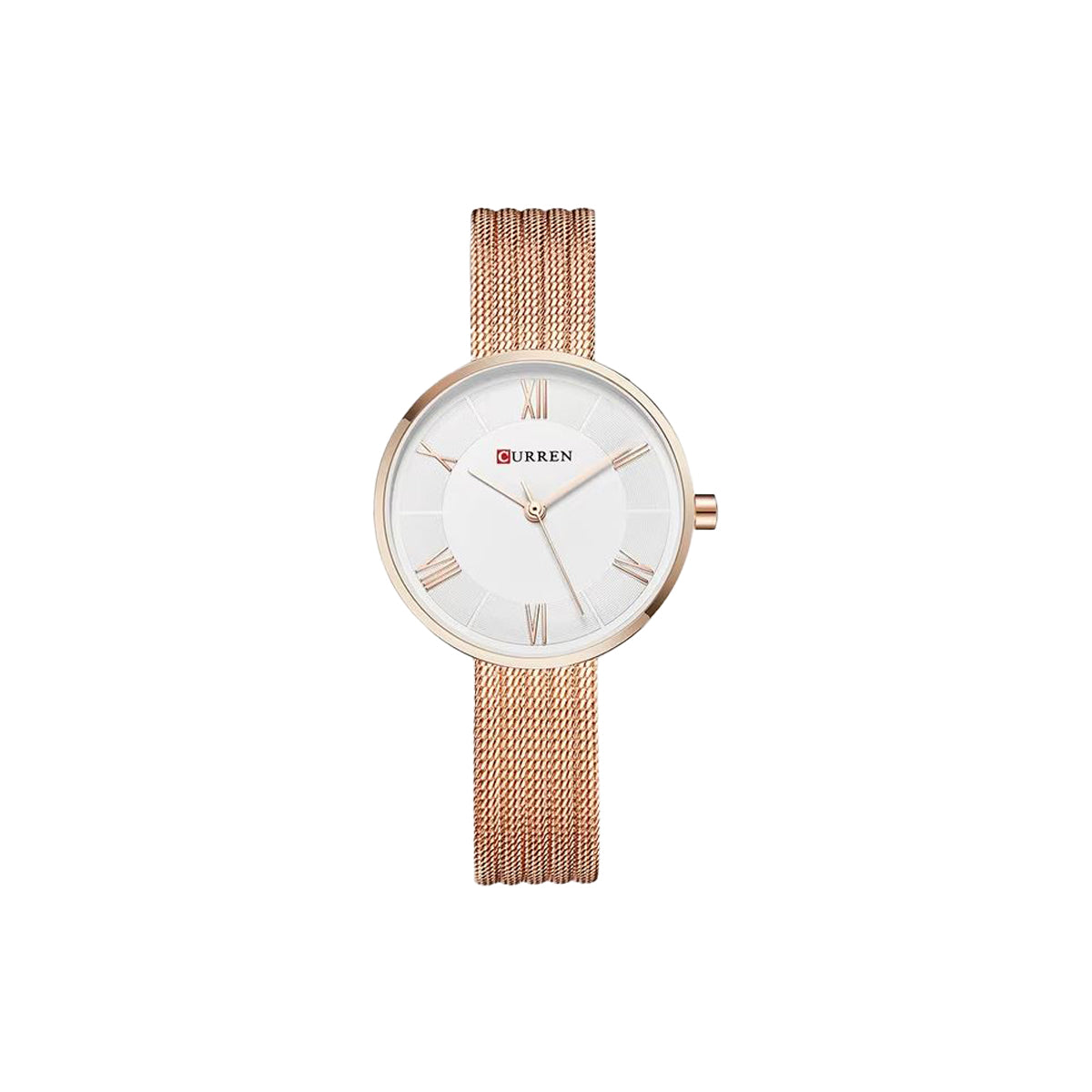 Rose gold watch with white face on a white background