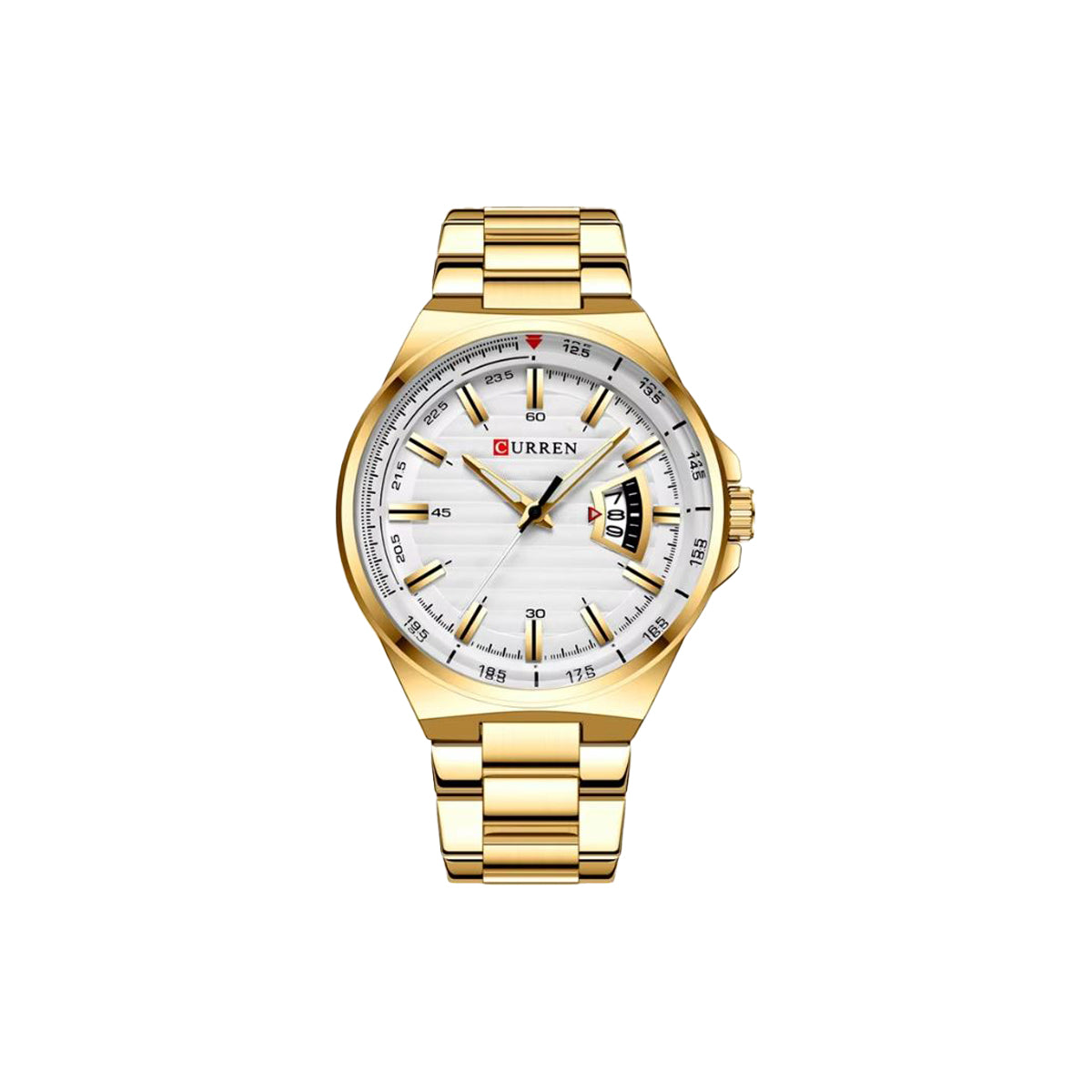 Gold wristwatch with a white face on a white background