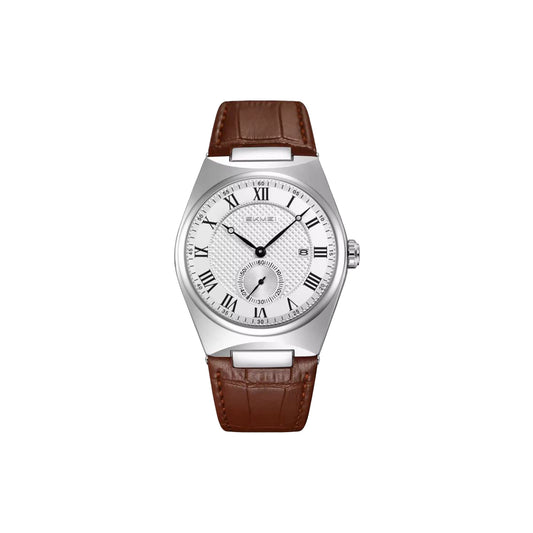 Watch with brown leather strap and silver case on a white background