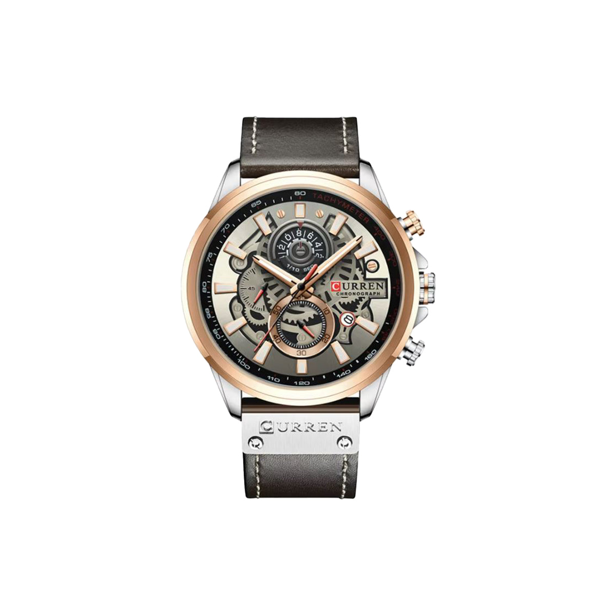 Curren watch with brown leather strap and detailed face on a white background
