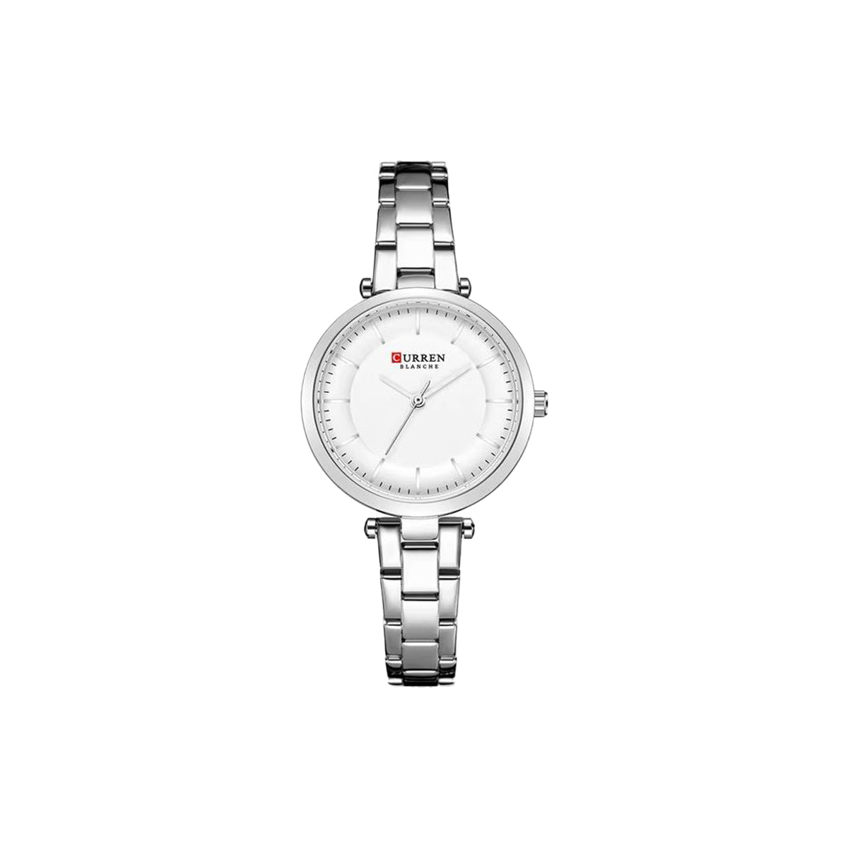 Silver watch with a white face on a white background